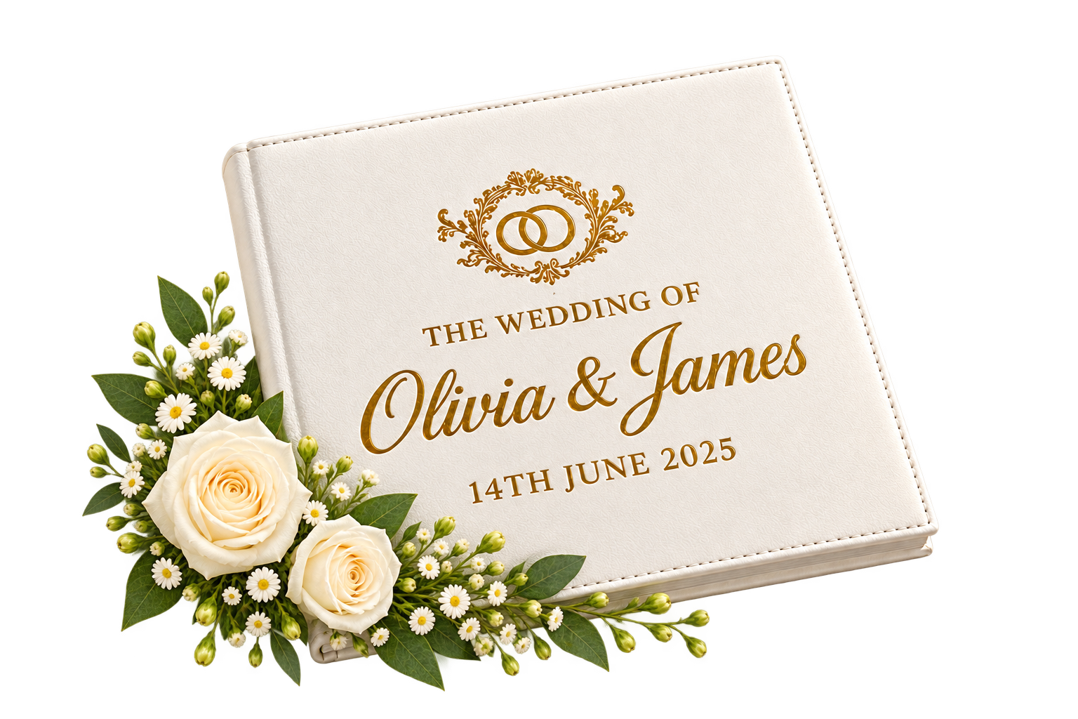Personalised gold foil names on a cream book in a satin-lined gift box