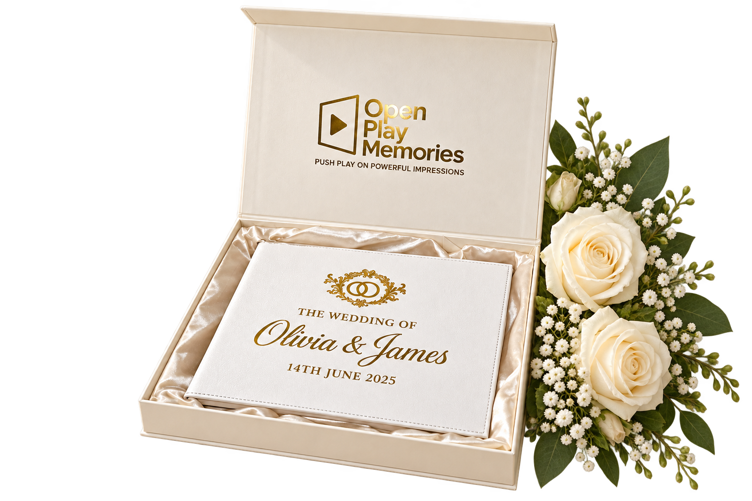 Product mockup of an ivory personalised wedding video book in its satin-lined presentation box