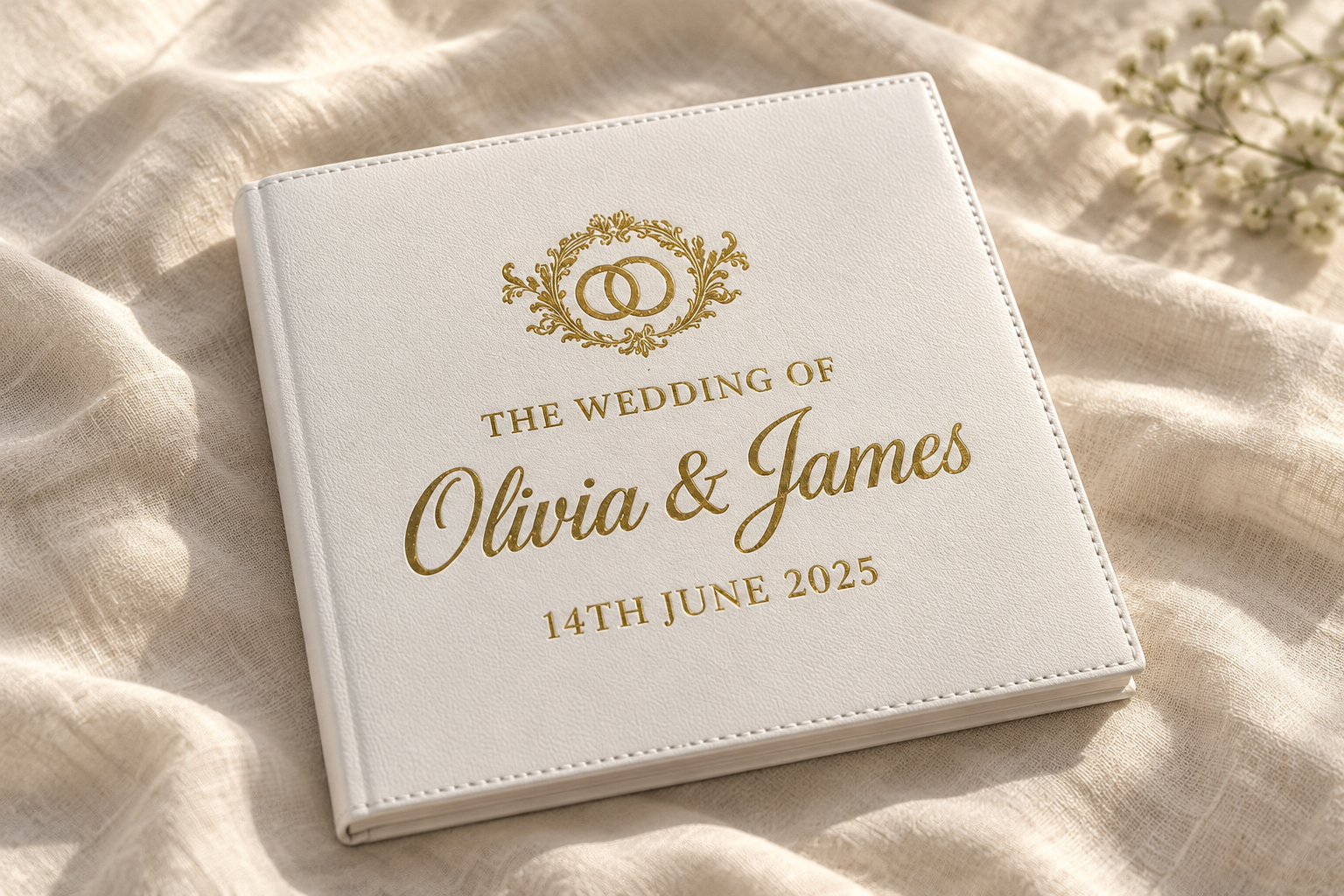Gold personalised wedding cover on ivory linen
