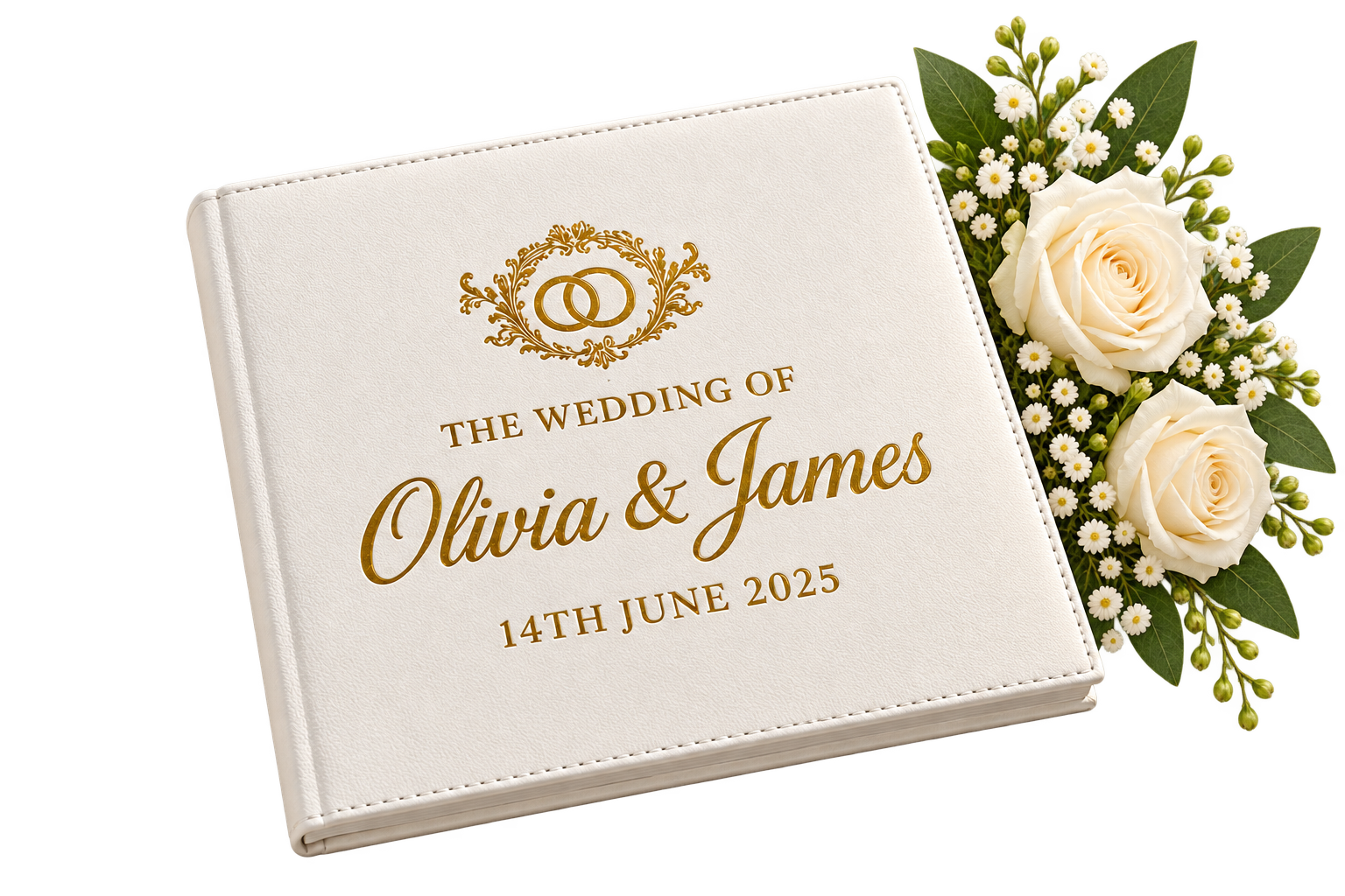Product mockup showing gold wedding names and date on the ivory stitched cover